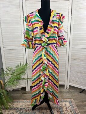 Celia B Wavy Rainbows Plunging Neckline Midi Dress Medium